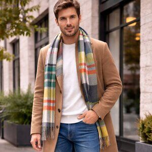 Foxford 100% Lambswool Green Gray Plaid Scarf One Size NWT